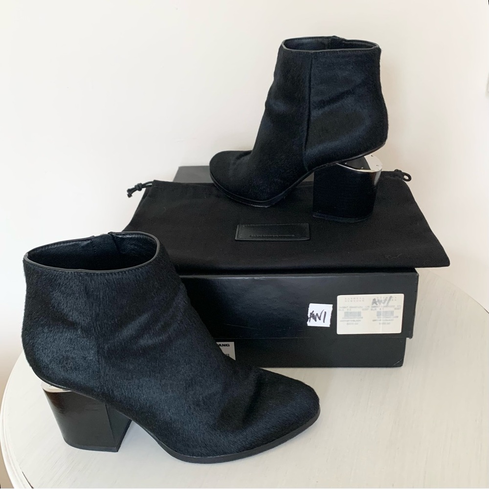 Alexander Wang Black Calf Hair Gabi Ankle Boots, Size 38.5, Silver Accents
